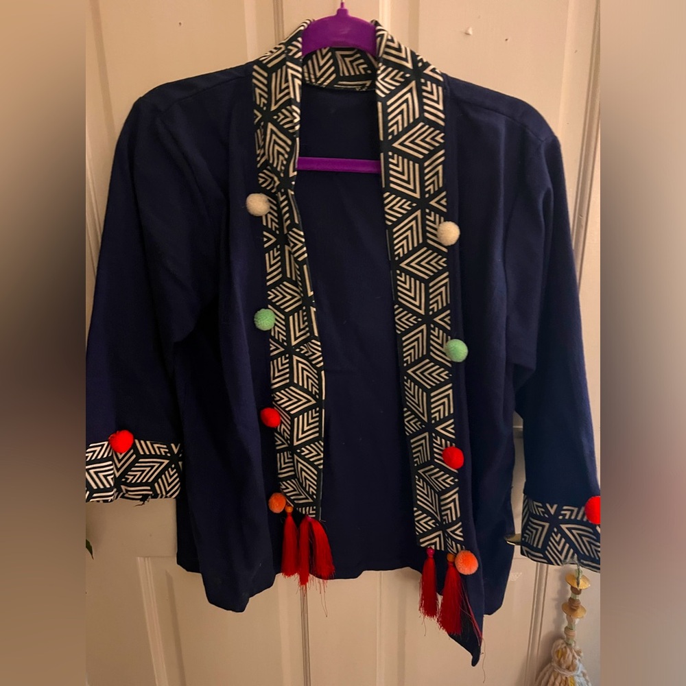 Vintage blazer: Navy blue with pom-poms fringe and geometric stripes
